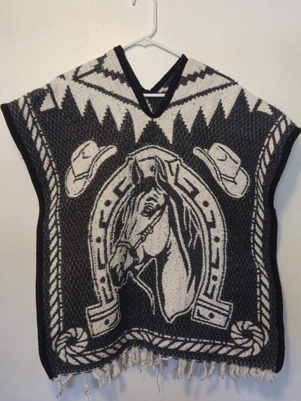 Western Style Poncho Featuring Raring Horse Reversible Black White One Size READ